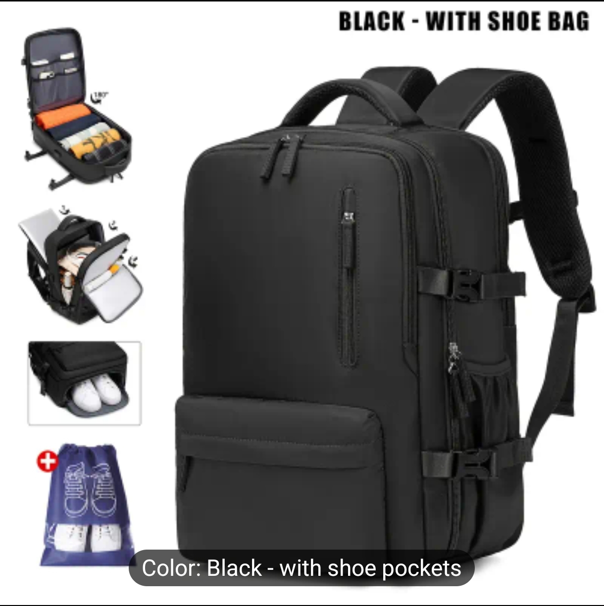 Large Capacity Travel Backpack, Nylon, Sports Style, Black, with Buckle, Multi-compartment