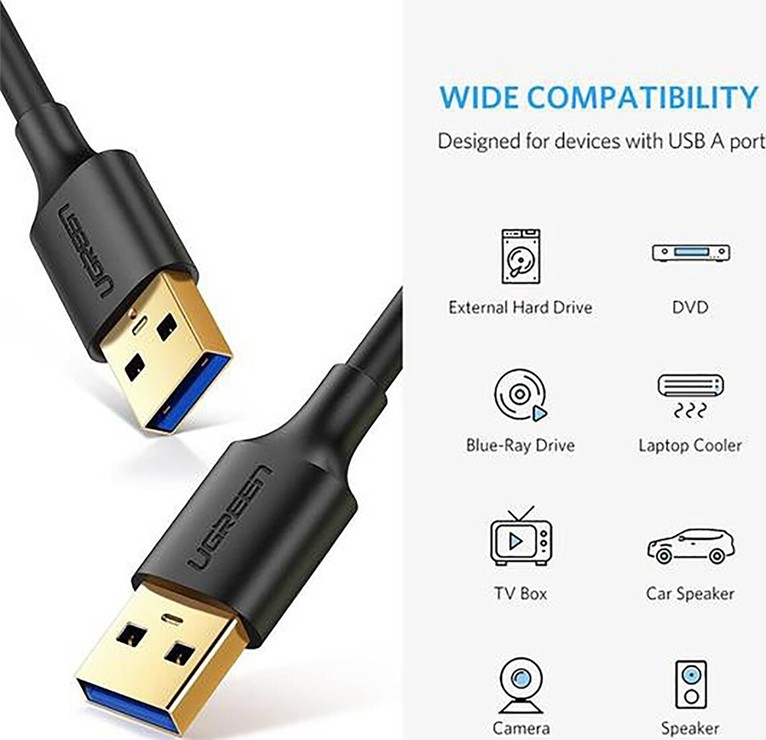 UGREEN USB 3.0 Type-A Male to Male Cable – 1 m, 5 Gbps, Gold-Plated, Black (Model 10370) - Image 2